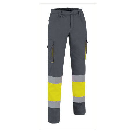 Pantalón de Alta Visibilidad multibolsillos bicolor con cintura elástica y cintas reflectantes EN 20471 de sarga VALENTO FACTORY M Amarillo fluor / Gris carbon
