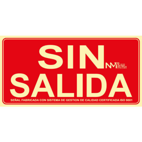 Señal de emergencia "Sin Salida" luminiscente en PVC o aluminio 320 x 160 mm SEKURECO                         320 x 160 mm                          CLASE A (ALUMINIO 0'5 mm)