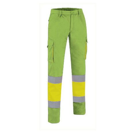 Pantalón de Alta Visibilidad multibolsillos bicolor con cintura elástica y cintas reflectantes EN 20471 de sarga VALENTO FACTORY XXL Amarillo fluor / Verde manzana