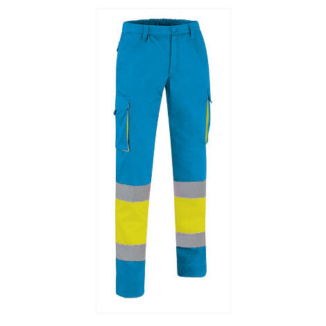 Pantalón de Alta Visibilidad multibolsillos bicolor con cintura elástica y cintas reflectantes EN 20471 de sarga VALENTO FACTORY L Amarillo flúor / Azul tropical