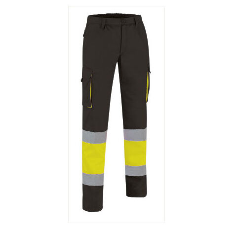 Pantalón de Alta Visibilidad multibolsillos bicolor con cintura elástica y cintas reflectantes EN 20471 de sarga VALENTO FACTORY S Amarillo flúor / Negro
