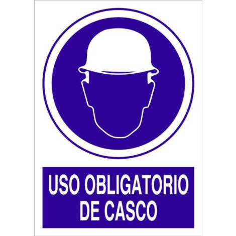 Señal de obligación Uso obligatorio de casco (texto y pictograma) Pegatina Adhesiva 148X105 (1/2)