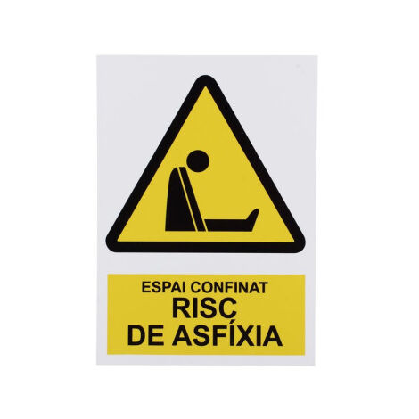 Señal en catalán: Espai confinat risc d'axfixia 297X210 mm (1/2)