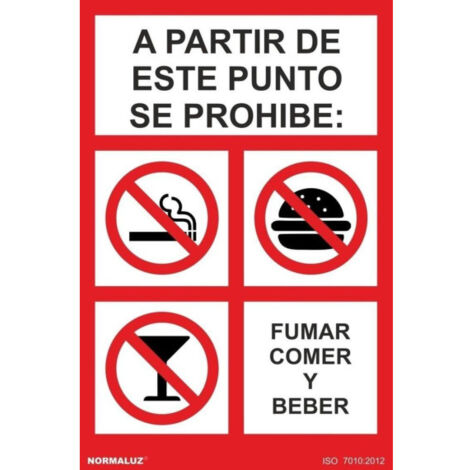 A partir de este punto se prohibe: fumar, comer y beber, cartel de prohibición SEKURECO                         300 x 400 mm                          CLASE B (ALUMINIO 0'5 mm) (1/2)