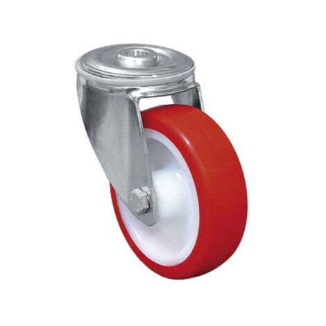 Rueda de poliuretano con agujero pasante y giratoria con cojinete liso                 Ø80mm x 30mm Tornillo 13mm Alto 104mm 140kg