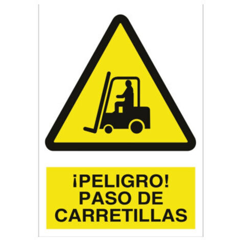 Señal de seguridad ¡Peligro paso de carretillas (texto y pictograma) Adhesivo 210X148 mm