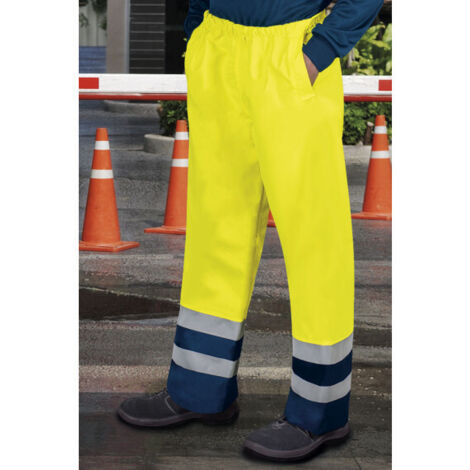 Pantalón impermeable de Alta Visibilidad, con cintas retro-reflectantes termo-fijadas EN 20471 y EN 343 VALENTO NARVIK XXL Amarillo flúor / Azul marino (1/3)