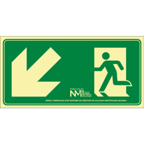 Señal de emergencia Salida Bajada Escalera Izquierda (solo pictograma) luminiscente SEKURECO 320 x 160 mm ALUMINIO 0'5 mm
