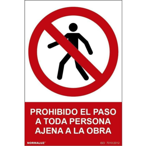Señal que prohibe el paso a toda persona ajena a la obra SEKURECO 100 x 150 mm ADHESIVOS DE VINILO (1/2)