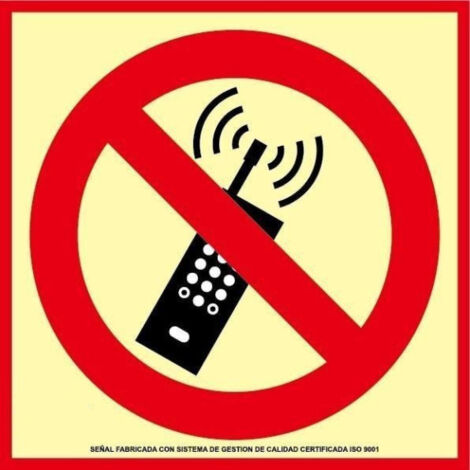 Señal de prohibición de uso de teléfonos móviles Clase A 210 x 210 mm fotoluminiscente SEKURECO                                                   Clase A (PVC 1 mm) (1/2)