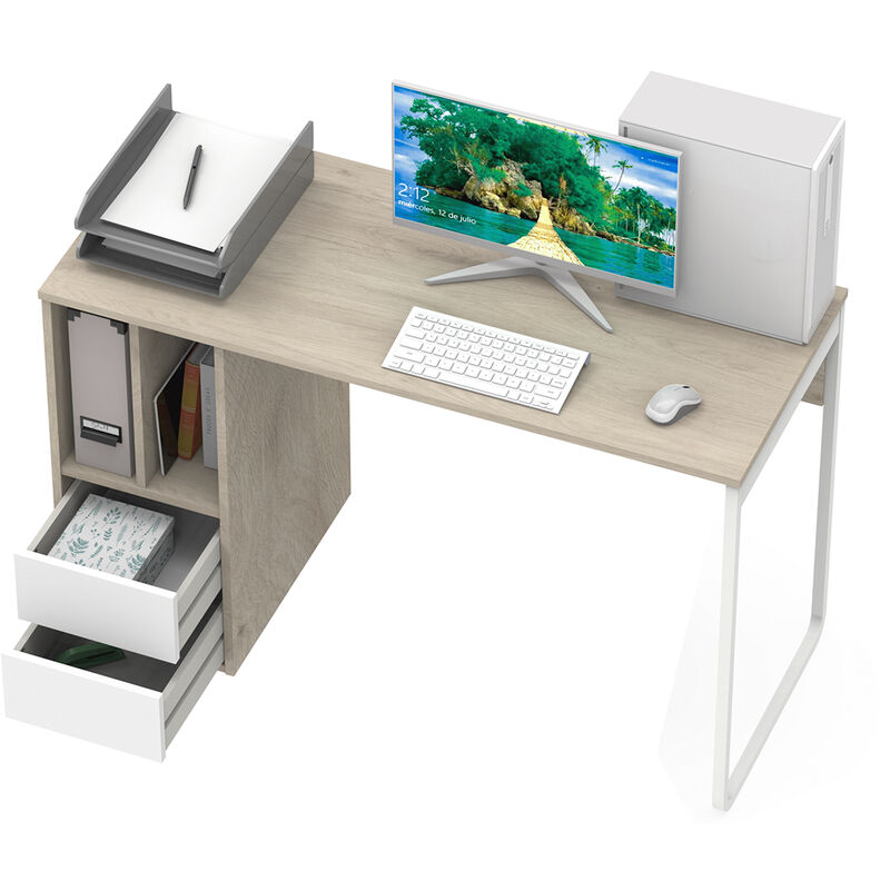 Bureau avec étagère intégrée coloris blanc artic / chêne canadien - Hauteur  144 x Longueur 120 x Profondeur 53 cm
