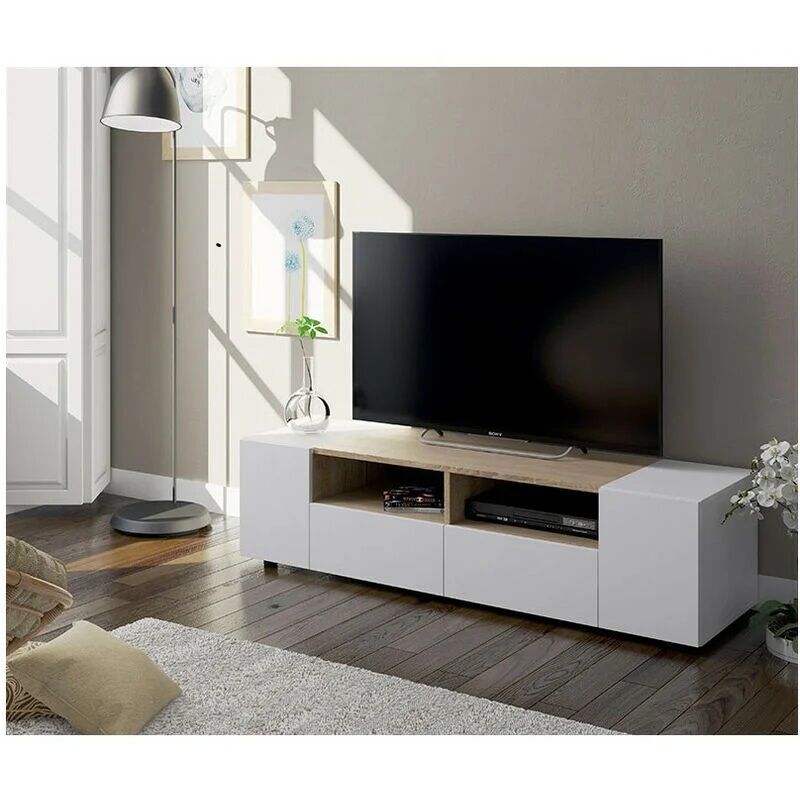 Meuble TV décor blanc et chêne - largeur 138 x profondeur 42 x Hauteur 34 cm