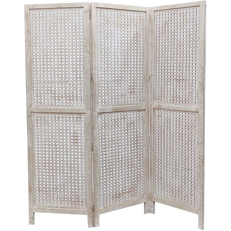 Paravent 3 Pans Blanc Brocante - 120 Cm Largeur X 170 Cm Hauteur - En Bois De Paulownia Léger - Décor Salon, Chambre, Séparation D'espace