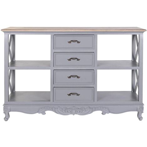 Buffet, meuble de rangement en bois de paulownia et MDF coloris Gris , naturel - Longueur 132 x Profondeur 40 x hauteur 84,5 cm -PEGANE- (1/5)