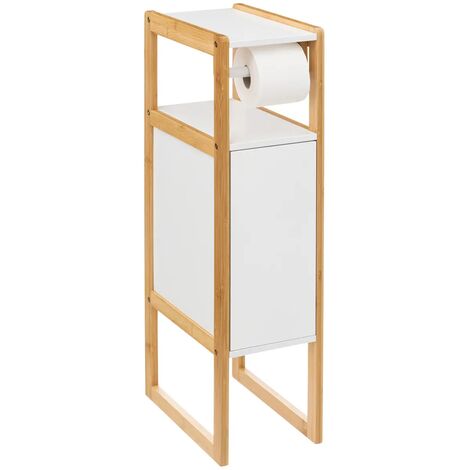 Dérouleur papier toilette avec réserve en panneau de particules coloris blanc/naturel - Longueur 33 x Profondeur 20 x Hauteur 80 cm -PEGANE- (1/4)