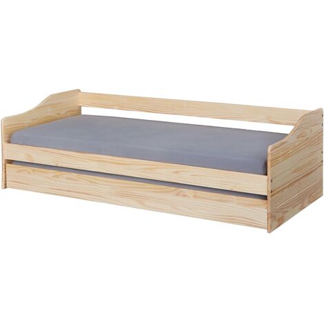 Lit Banquette 90x200 pin massif coloris vernis naturel - Longueur 207 x Profondeur 97 x Hauteur 62 cm -PEGANE- (1/5)
