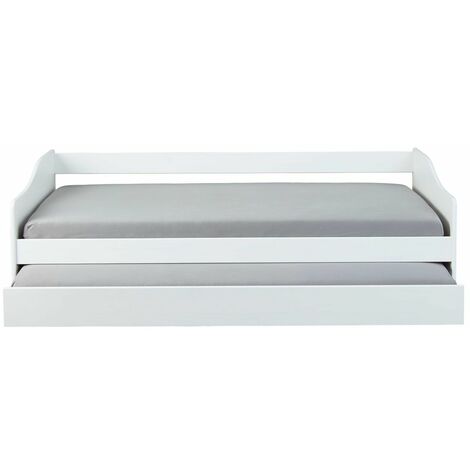 Lit Banquette 90x190 en pin massif coloris vernis blanc - Longueur 197 x Profondeur 97 x Hauteur 62 cm -PEGANE- (1/4)