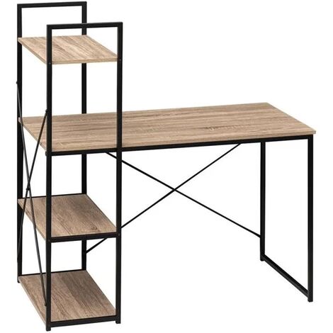 Bureau avec étagères en MDF chêne et métal noir - Longueur 113 x Hauteur 60 x Profondeur 120 cm (1/3)