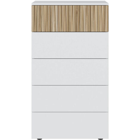 Chiffonnier, meuble de rangement avec 5 tiroirs coloris blanc artic, naturel - longueur 61 x hauteur 109 x profondeur 40 cm