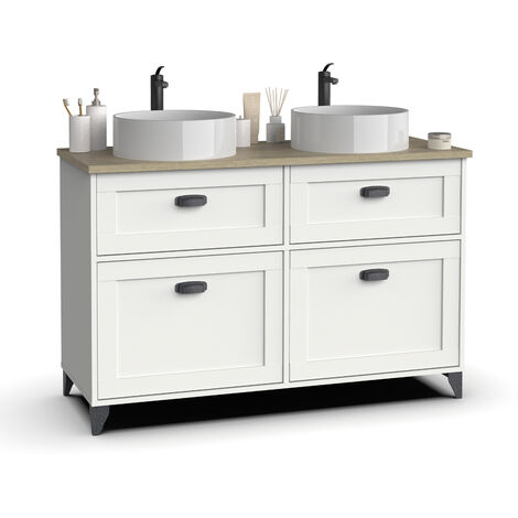 Pegane – Meuble vasque salle de bain 120 cm – Chêne cambrian et blanc – Panneaux mélamine haute densité – Pour 2 vasques – Tiroirs avec glissières métalliques