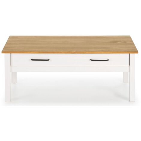 Table basse en pin massif ciré avec rangements coloris naturel/blanc - Longueur 100 x Profondeur 55 x Hauteur 40 cm -PEGANE- (1/4)