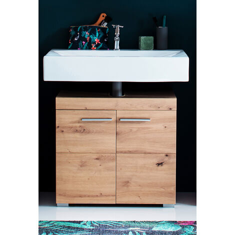 Pegane - Meuble bas, meuble de rangement 2 portes coloris chêne