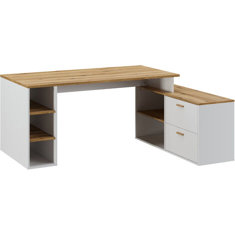Bureau d'angle en mélamine coloris imitation chêne artisan / blanc - Longueur 183 x profondeur 141 x Hauteur 75 cm