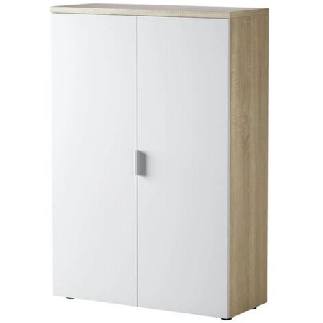Meuble de bureau avec deux portes battantes et trois étagères fixes, parfait pour une utilisation au bureau, couleur chêne et blanc mat, Dimensions 80 x 119 x 32,5 cm (1/10)