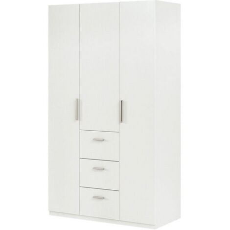 Armoire avec trois portes battantes et trois tiroirs dans la partie centrale, couleur blanc brillant, Dimensions 117 x 203 x 52 cm