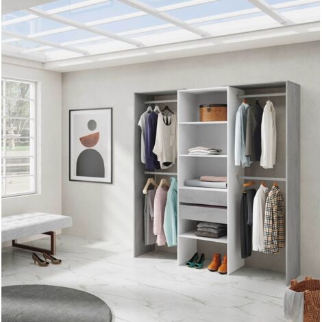 Dressing ouvert 1 colonne 4 penderies 2 tiroirs – Dimensions 202x179x50 cm – Panneau d'aggloméré mélaminé – Tringles en aluminium – Habitdesign