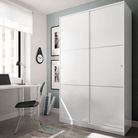 Mobimarket – Armoire 2 portes coulissantes blanche 120x200h cm – Panneaux mélaminés – 3 étagères réglables – Barre de suspension amovible - 50x200h
