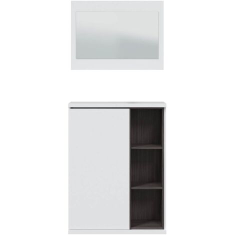 Meuble a chaussures + miroir - Mélaminé blanc et anthracite - 1 porte + 3 niches de rangement - L108 x P11 x H60 cm ADHARA (1/5)