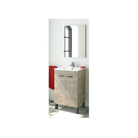 Meuble sous vasque simple 80 cm x 50 cm x 40 cm – Mélamine chêne Alaska – Miroir 68 cm x 50 cm – 2 portes – Poignées en aluminium noir – Fores - 305210C (1/10)