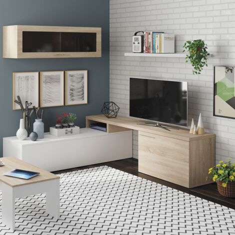 Mobimarket – Ensemble meuble TV d'angle ou droit en bois et blanc – Dimensions 200x41x44 cm – 2 portes et étagère vitrée – Charnières métalliques