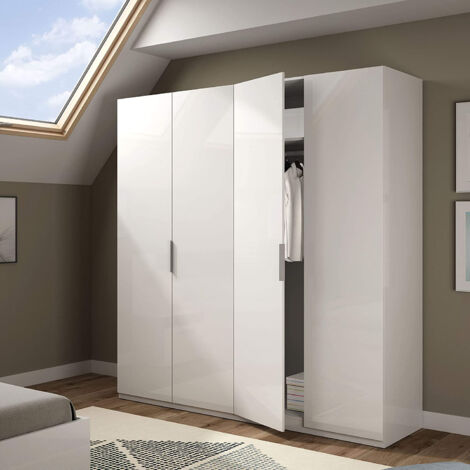 Armoire penderie 4 portes – 2 étagères et 2 tringles – Mélamine blanche brillante – Dimensions 200 x 180 x 52 cm
