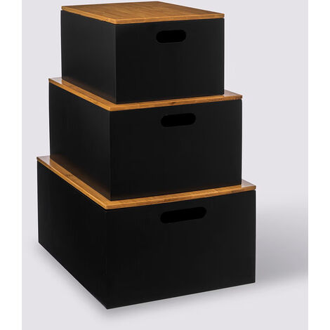 Lot de 3 boîtes avec couvercle pour bureau coloris noir, naturel -PEGANE- (1/5)