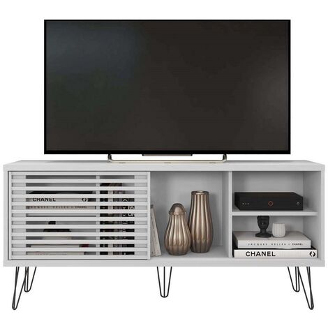 Meuble TV en bois avec 1 porte coloris blanc - longueur 136 x profondeur 36 x hauteur 46 cm -PEGANE- (1/2)