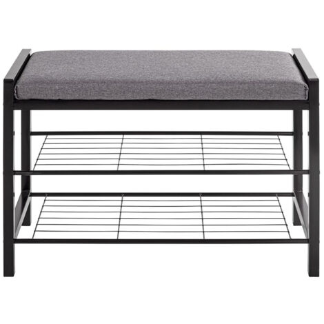 Banc d'assise en métal coloris noir et tissu coloris gris -longueur 75 x profondeur 32 x hauteur 50 cm (1/4)