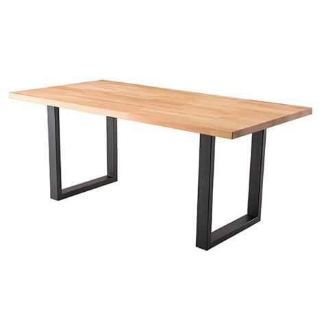Table de salle à manger rectangulaire en bois hêtre massif huilé coloris chêne sauvage, pieds en métal noir - longueur 180 x hauteur 77 x profondeur 90 cm (1/2)