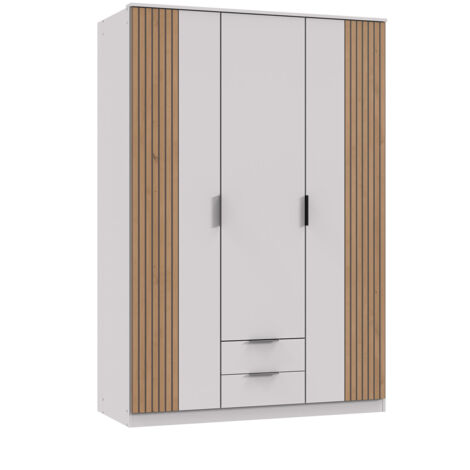 Armoire, meuble de rangement coloris blanc, rechampis imitation chêne Artisan- Longueur 135 x Hauteur 199 x Profondeur 58 cm (1/3)