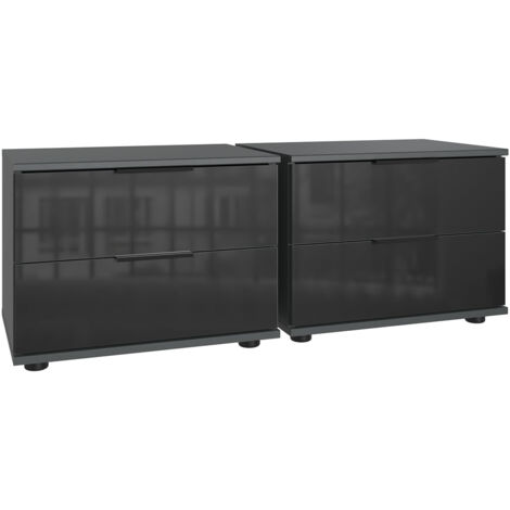 Lot de 2 tables de chevets, table de nuits avec 2 tiroirs coloris Graphite, et verre noir - Longueur 104 x Hauteur 40 x Profondeur 38 cm (1/2)