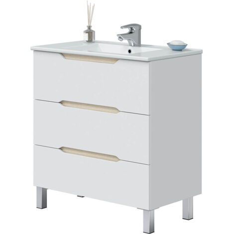 Pegane – Meuble sous vasque simple 80 cm – 3 tiroirs sans poignée – Panneaux mélaminés 15 mm – Dimensions : 80 x 45 x 86 cm – Coloris blanc (1/3)