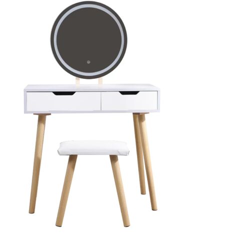 Pegane – Coiffeuse blanche avec miroir LED réglable – Dimensions 80x40x130 cm – 2 tiroirs MDF – Tabouret assorti inclus (1/4)