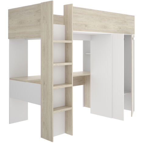 Lit enfant avec bureau et armoire coloris chêne naturel, imitation lamelles, blanc - Longueur 206 x Profondeur 111 x Hauteur 177 cm (1/5)