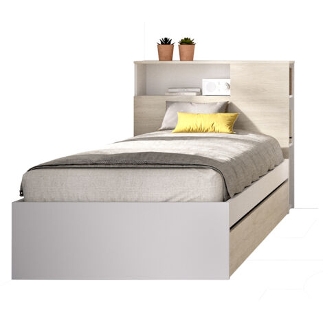 Tête de lit + structure de lit avec 1 tiroir en bois coloris chêne naturel, blanc -Longueur 218 x Profondeur 97,50 x Hauteur 95 cm (1/3)