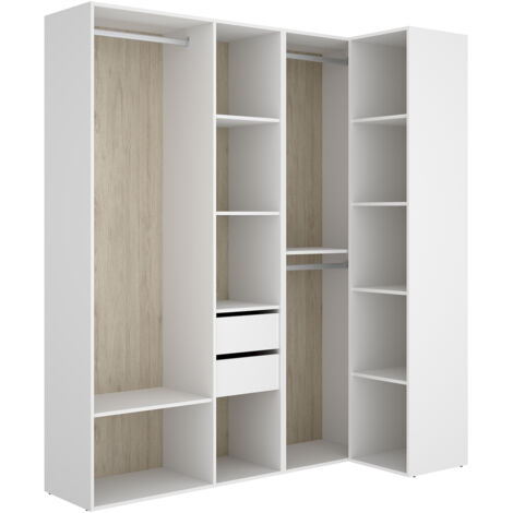 Pegane – Dressing d'angle avec 2 tiroirs – Bois mélaminé chêne naturel et blanc – Longueur 1825 x Profondeur 79 x Hauteur 205 cm