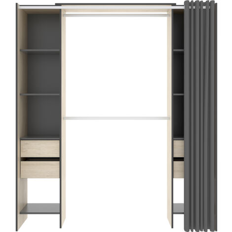 Armoire dressing avec 4 tiroirs, penderies coloris chêne naturel + rideau - Longueur 180 x Profondeur 50 x Hauteur 205 cm (1/5)