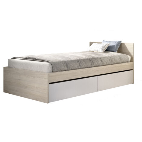 Lit adulte couchage 90X190 coloris chêne naturel, blanc avec 2 tiroirs - Longueur 194 x Profondeur 95 x Hauteur 67 cm (1/4)
