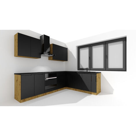 Pegane – Cuisine complète d'angle 9 éléments – Longueur 200/260 cm – Façades noir, chêne artisan – Panneau de particules 16mm (1/5)