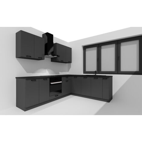 Pegane – Cuisine complète d'angle 9 éléments graphite – Longueur 200/260 cm – Panneau de particules 16mm – Meubles livrés en kit (1/5)